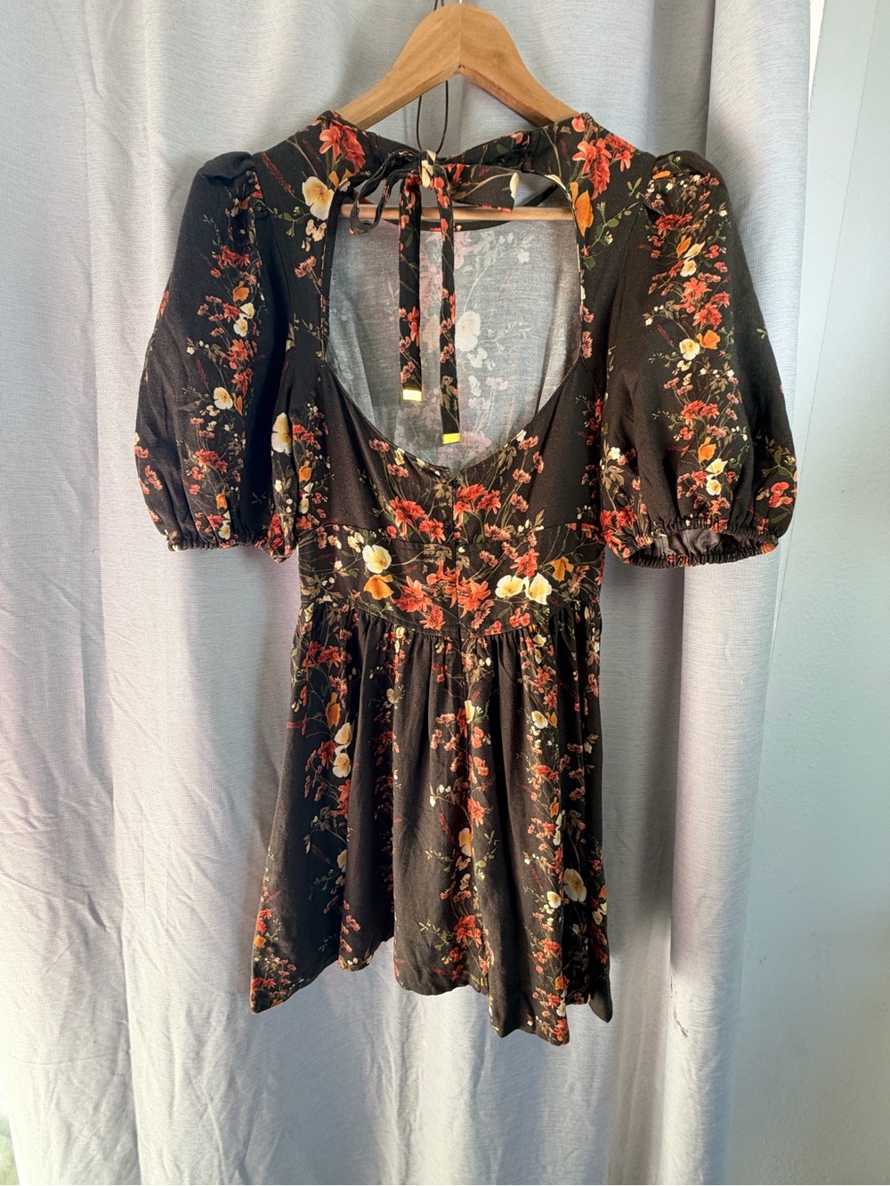 SAYLOR Free People Dark Olive Floral Puff-Sleeve Mini Dress - Picture 8 of 16